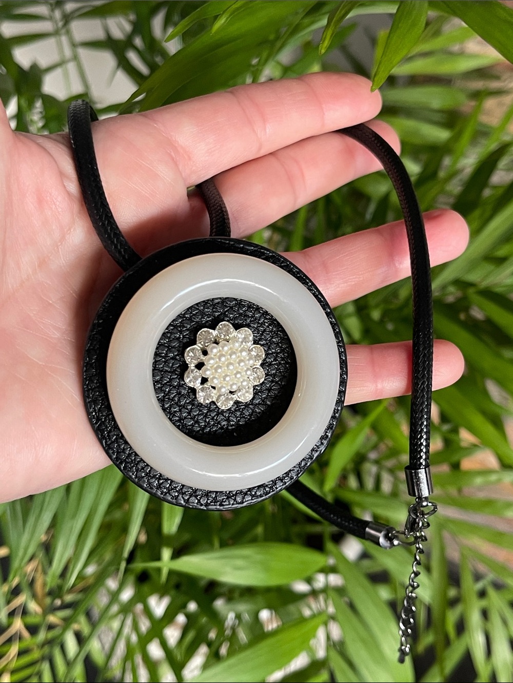 Modern Black and Cream Circular Brooch Pendant Necklace